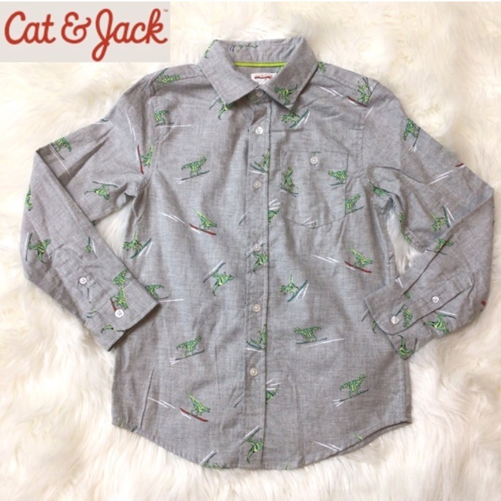 Cat & Jack Boys Dinosaur Print Button Down Long Sleeve Shirt